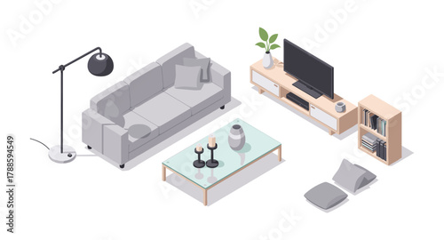 Modern isometric living room with minimalist furniture and home decor elements