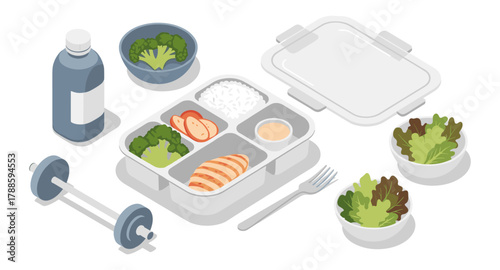 Healthy meal prep with lunchbox, dumbbell, and fresh vegetables in isometric style