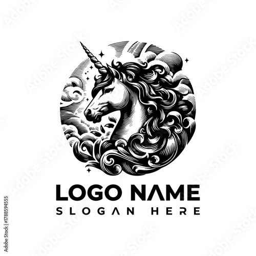 Mystical Unicorn Head Logo Vector Artwork. A detailed monochrome illustration for elegant branding, suitable as an EPS file graphic element