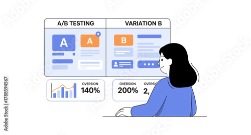 Flat design split testing concept with data analytics and user interaction