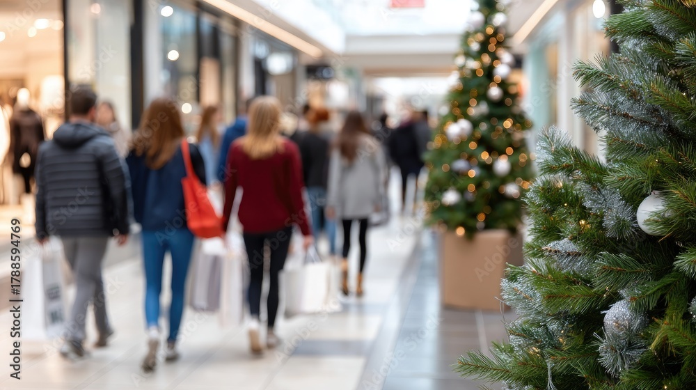 Obraz premium Shoppers walk through a bustling shopping center adorned with sparkling holiday decorations and a cheerful winter atmosphere