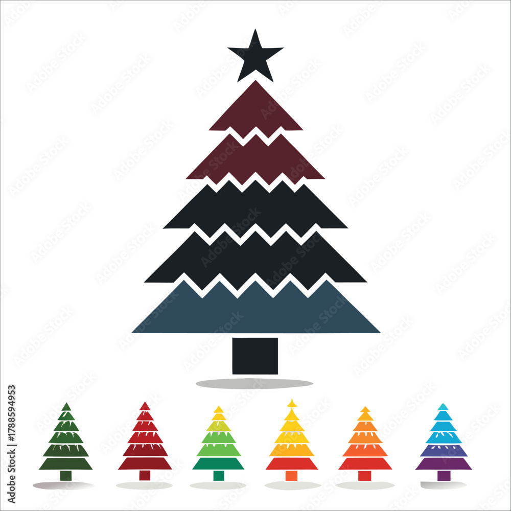 Obraz premium Colorful Stylized Christmas Tree Set with Geometric Layers and Stars on White Background