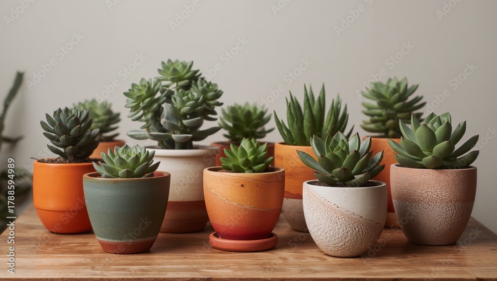Fototapeta premium Assorted Succulents in Ceramic Pots Displayed on Wooden Surface, Natural Lighting.