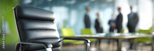 Conference room setting with empty chair in focus and blurred colleagues discussing in the background during a business meeting Generative AI