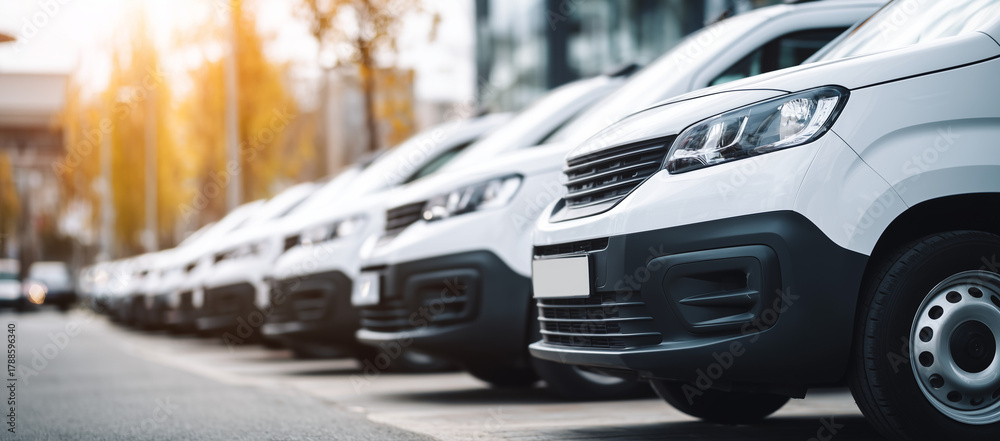 Fototapeta premium White commercial vehicles parked in a row on a city street during the day Generative AI