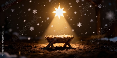 Nativity scene with an empty manger under a glowing star. The birth of Jesus Christ concept. Christian Christmas background with falling snow in a stable