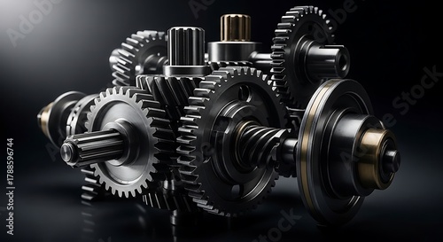 A detailed close-up of an intricate metallic gear assembly, featuring various sizes of intermeshing cogs and shafts, set against a dramatic dark background. 