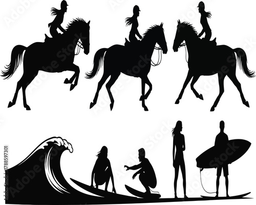 Dynamic silhouettes of horseback riding and surfing, capturing the essence of equestrian sport and wave riding in a single composition