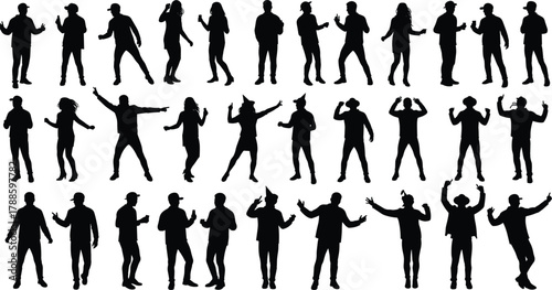 Collection of dancing people silhouettes in various poses celebrating party music fun entertainment and joyful lifestyle together