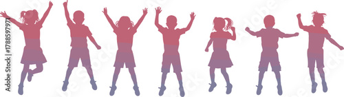 Happy children jumping together in colorful silhouette showing fun, freedom, friendship, energy, teamwork, and childhood joy outdoors