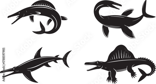 Four stylized black silhouettes of prehistoric marine reptiles and fish vector