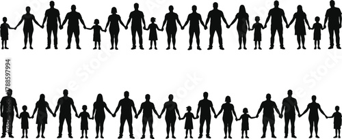 Large family silhouettes holding hands together symbolizing unity, love, connection, parenting, support, and community harmony concept