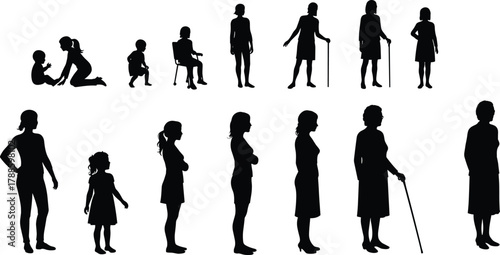 Silhouette illustration showing stages of woman’s life from childhood to old age representing growth and life evolution