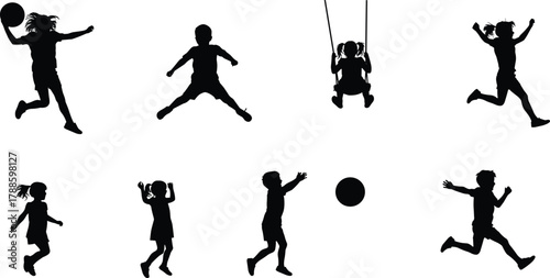 Silhouette of active children playing outdoor games, jumping, running, swinging, and having fun together in playful motion scene
