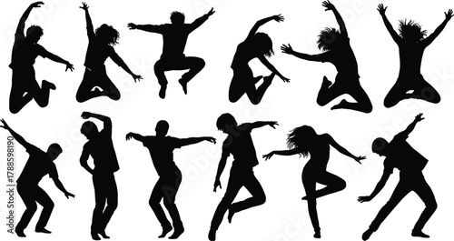 Silhouette of dancing and jumping people in dynamic poses, energetic motion, expressive vector art illustration design