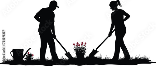 Silhouette of man and woman gardening together planting flowers with shovels teamwork nature care and environment concept
