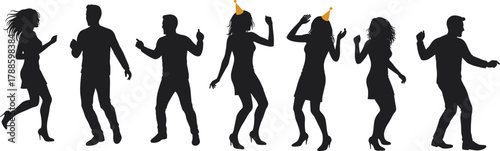 Silhouette of men and women dancing in celebration wearing party hats enjoying music fun and festive atmosphere together