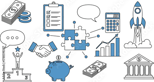 Financial Puzzle, Business Icons, Line Art, Rocket, Piggy Bank, White Background