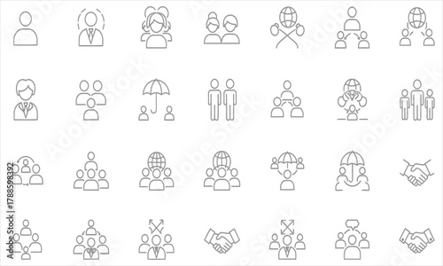 Collection of business icons representing teamwork, community, networking, and global connections