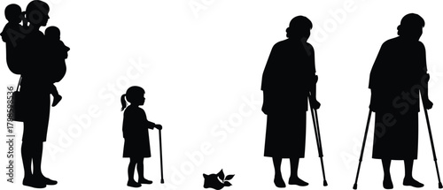 Silhouette of woman and child aging through life stages from childhood to old age symbolizing time and generations