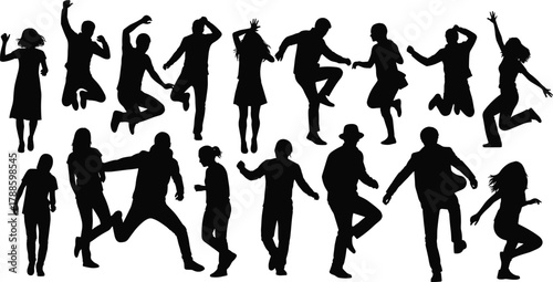 Silhouette people dancing and jumping in various poses, active men and women celebrating joy vector illustration design