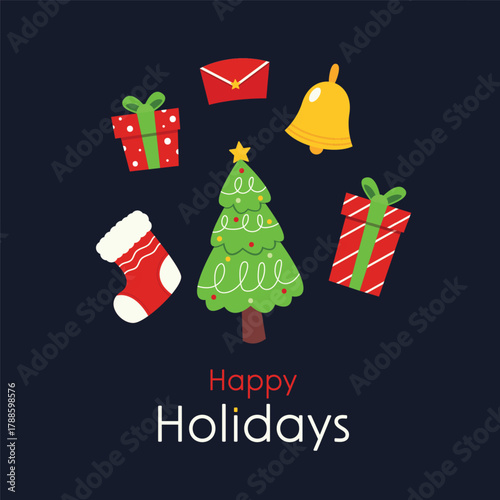 Christmas and New Year's endless border with cute winter decor elements on a blue background. Flat cartoon illustration for textiles, postcards, banners, posters,