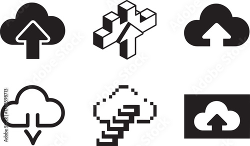 Cloud technology vector icon set symbolizing digital data storage network synchronization and transfer processes.