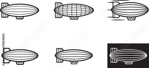 Collection of blimp and airship outline icons in various styles isolated on transparent background