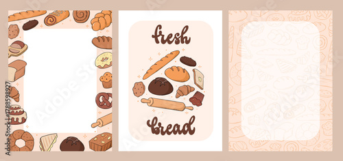 Note pages, banners, prints, cards decorated with bread doodles. Shopping list template, recipe book page. EPS 10