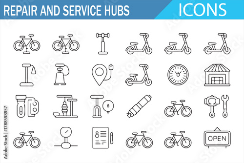 Collection of vector icons for repair shops, scooters, and tool stations