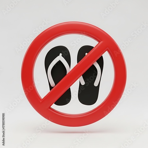 Clear prohibition symbol over black flip flops indicating no footwear allowed in this area