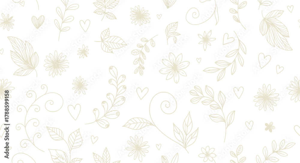 Fototapeta premium Floral and Hearts Pattern with Leaves, Ornament, and Flowers on White Background
