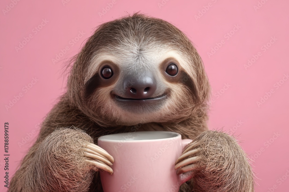 Obraz premium Adorable Sloth Holding Oversized Coffee Mug on Pink Background