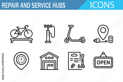 Minimal line icons representing cycling repair, maintenance, and service centers