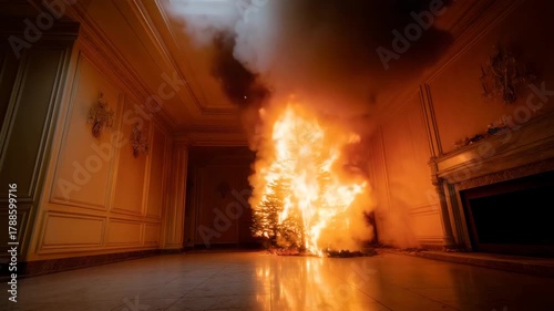 4K This image depicts a dramatic and intense indoor fire scene a Christmas tree engulfed in flames inside an elegant, traditionally decorated room. The fire consumes the