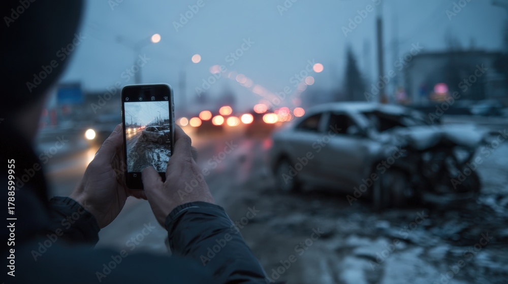 Fototapeta premium Bystander Captures Wrecked Cars with Smartphone in Cold Evening Light