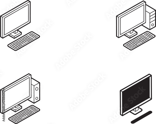 Isometric desktop personal computer set with monitor keyboard and cpu case illustration