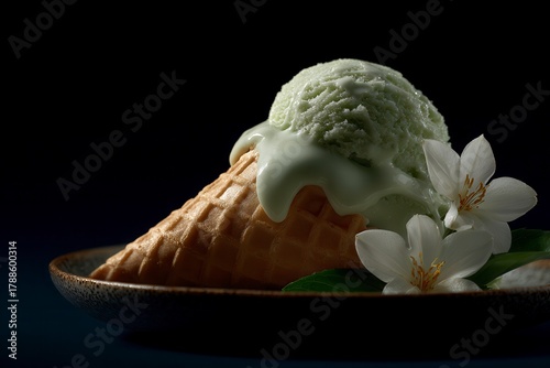Melting Green Ice Cream in Waffle Cone with White Blossoms