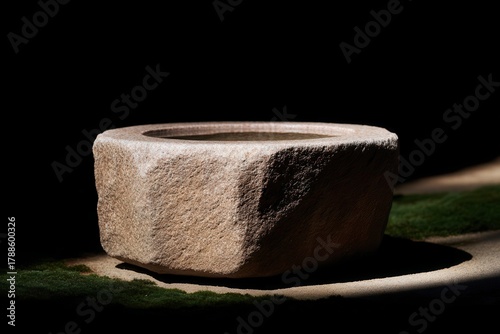 Round Stone Basin in Shadow on Mossy Ground