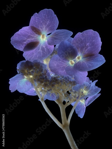 Glowing Purple Hydrangea Bloom on Black Background