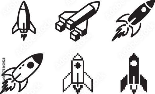 Isometric rocket startup and launch icons set spaceship booster symbols vector illustration
