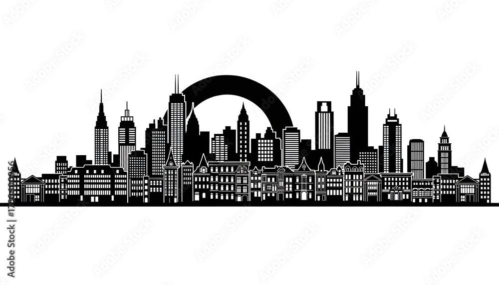 Naklejka premium Urban Silhouette. A striking black-and-white city skyline silhouette showcases a dense mix of architectural styles—spires, domes, and a grand arch rising above the urban horizon.
