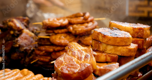 Photos Street food market revealing succulent grilled pork, sizzling with appetizing ar