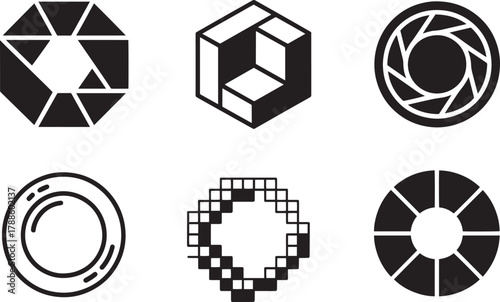 Photography camera aperture vector icon set symbolizing optics focus lens mechanism and exposure settings symbols.