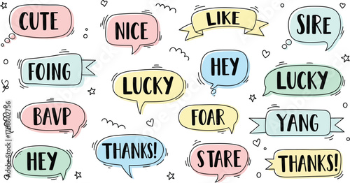 Fun HandDrawn Speech Bubbles Set with Cute, Nice, Lucky, Thanks on White Background