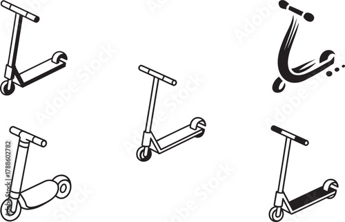 Set of kick scooter line art icons depicting recreational equipment urban mobility and outdoor lifestyle activities.