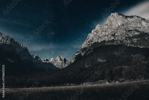 Night mountain panorama forested valley, moonlit rocky peaks and starry sky, Prokletije, Montenegro