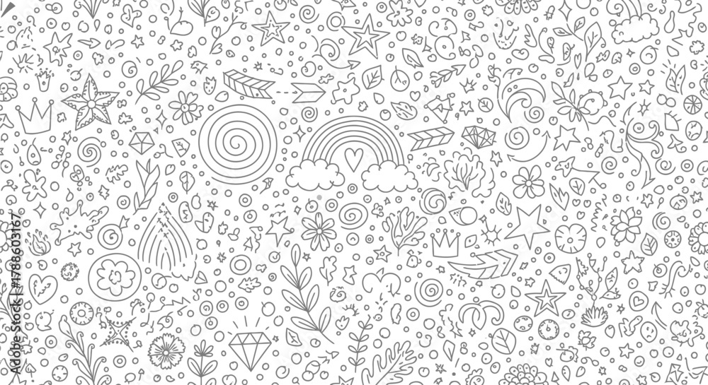 Fototapeta Fun Doodle Pattern with Stars Rainbows Flowers Arrows and Swirls on White Background