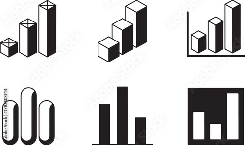 Six bar chart graph icons illustrating data analysis statistical growth performance reports and business metrics