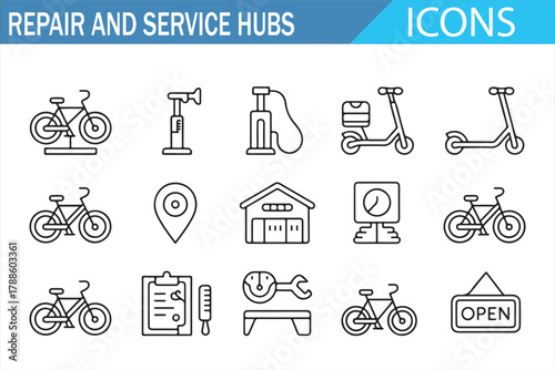 Bicycle repair and scooter service icons pack for urban mobility themes